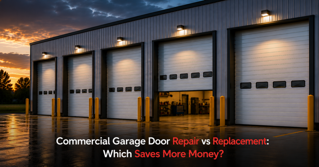 Technician comparing commercial garage door repair and replacement options on-site