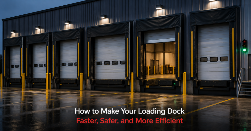 Commercial loading dock with truck docked and dock leveler in use for efficient loading